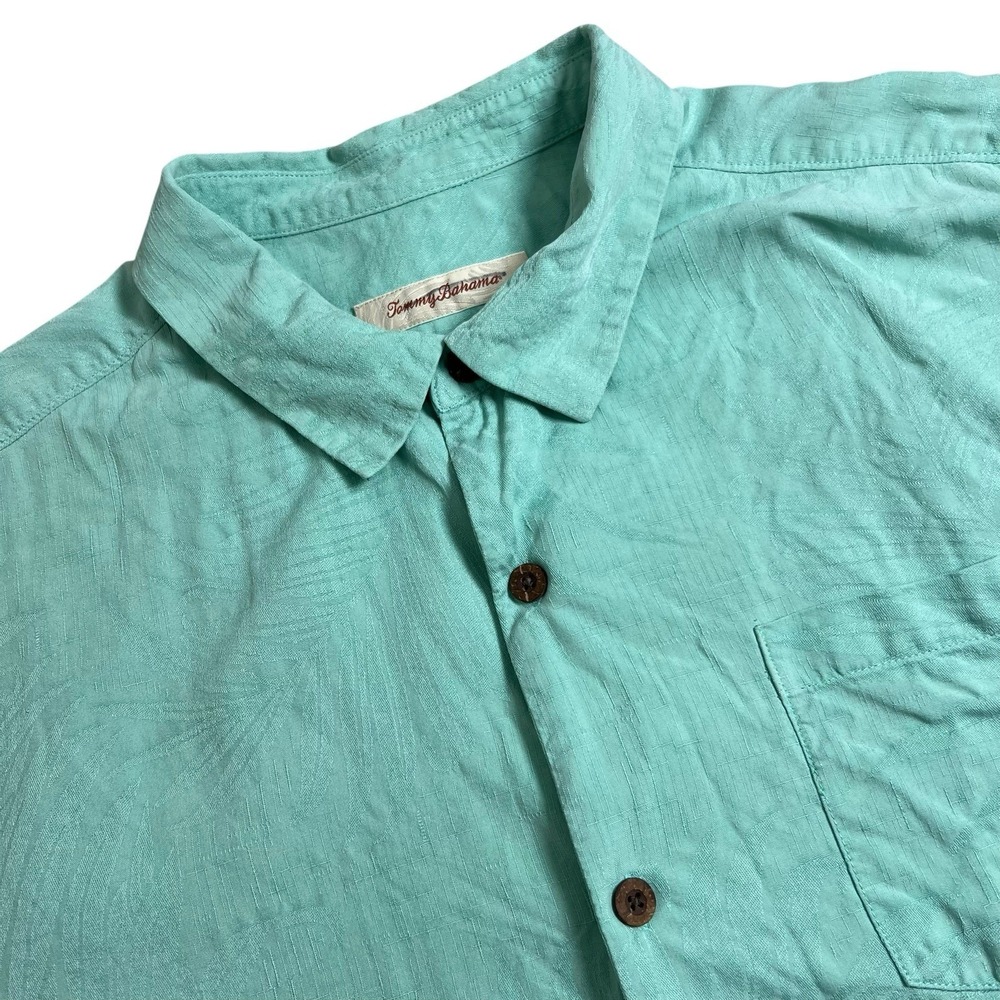 Tommy Bahama Mens XXL‎ Green Floral Embossed Silk Short Sleeve Button Up Shirt